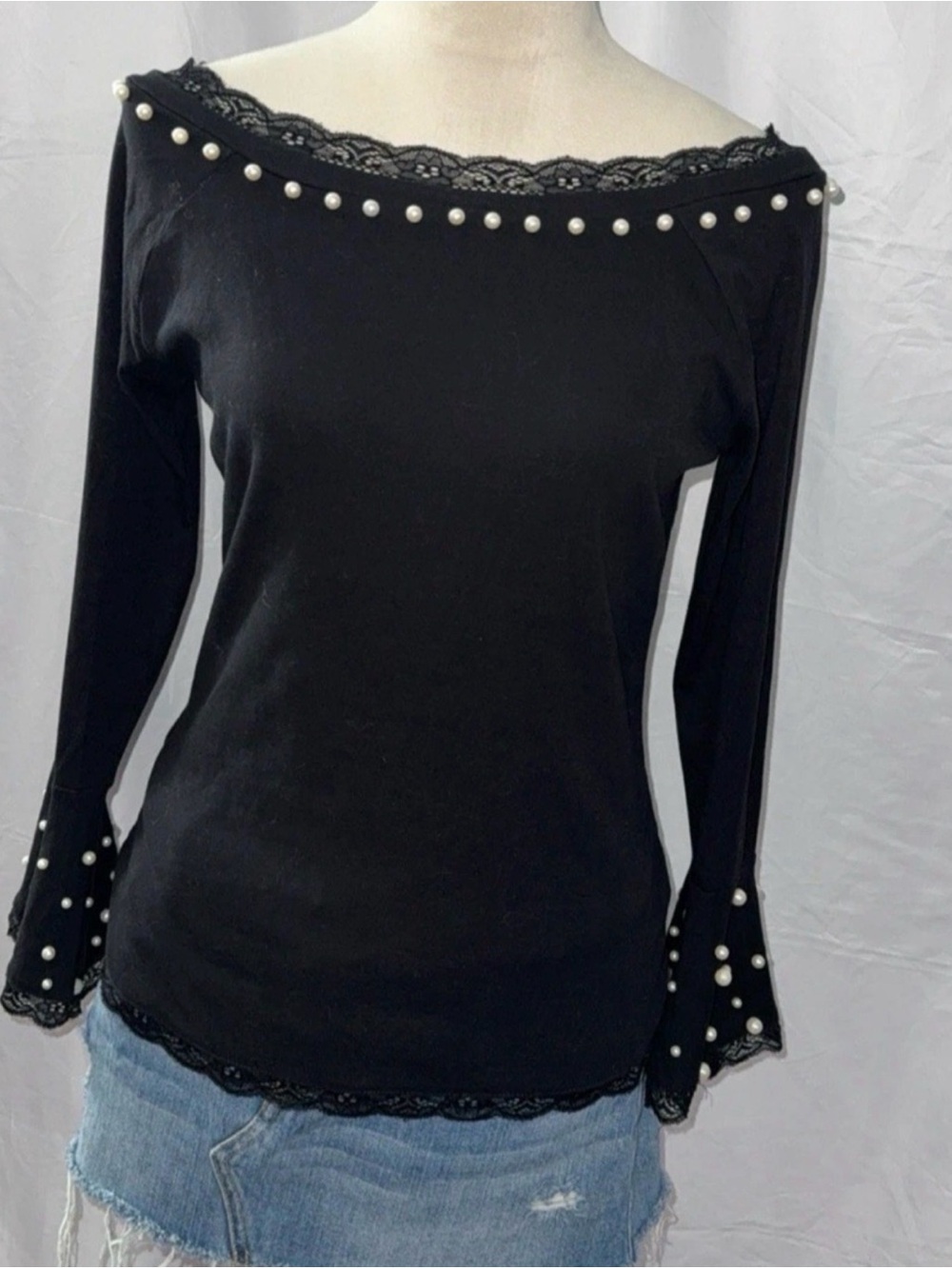 bebe Black Lace-Trim Long Sleeve Top with Pearl Accents